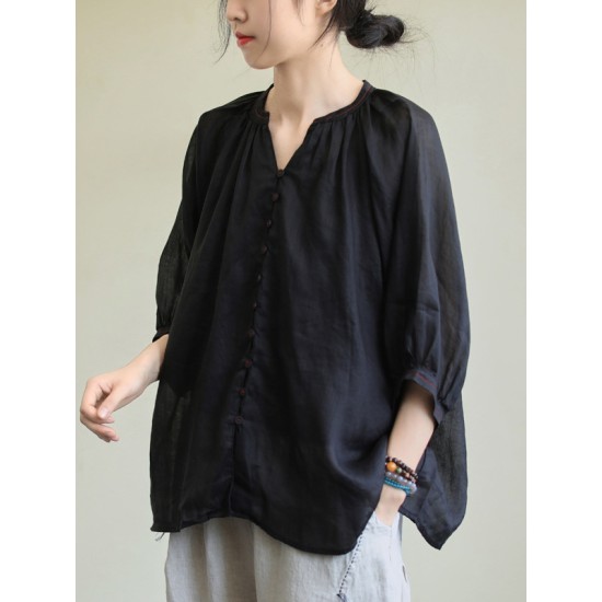 Black&Pink High-Low Half Sleeve Ramie Cotton Loose Shirt Black&Pink High-Low Half Sleeve Ramie Cotton Loose Shirt