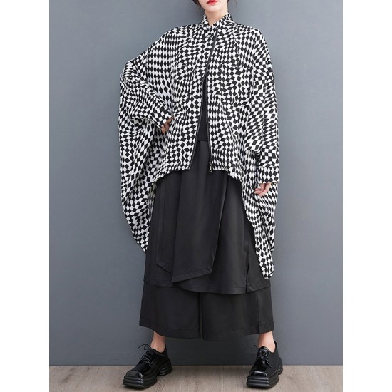 High-Low Loose Plaid Zipper Stand Collar Outerwear High-Low Loose Plaid Zipper Stand Collar Outerwear