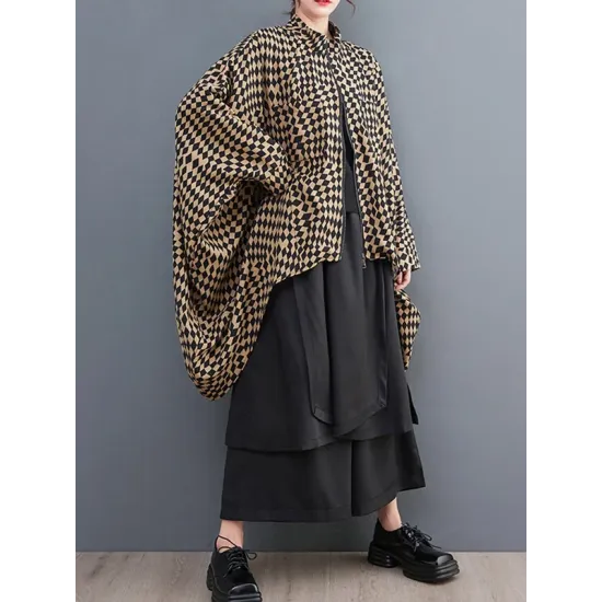 High-Low Loose Plaid Zipper Stand Collar Outerwear High-Low Loose Plaid Zipper Stand Collar Outerwear
