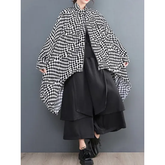 High-Low Loose Plaid Zipper Stand Collar Outerwear High-Low Loose Plaid Zipper Stand Collar Outerwear