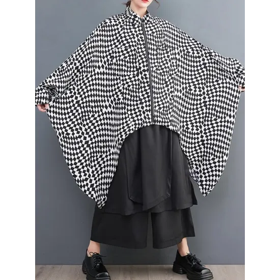High-Low Loose Plaid Zipper Stand Collar Outerwear High-Low Loose Plaid Zipper Stand Collar Outerwear