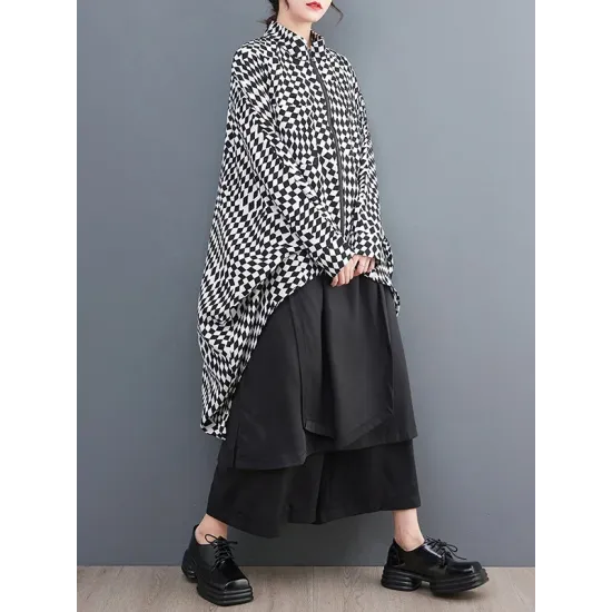 High-Low Loose Plaid Zipper Stand Collar Outerwear High-Low Loose Plaid Zipper Stand Collar Outerwear