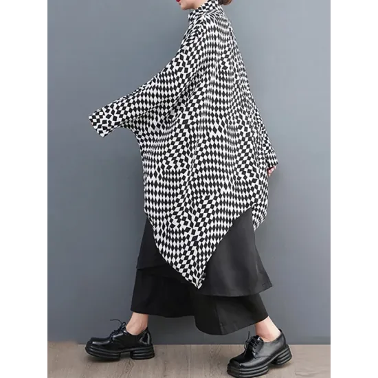 High-Low Loose Plaid Zipper Stand Collar Outerwear High-Low Loose Plaid Zipper Stand Collar Outerwear