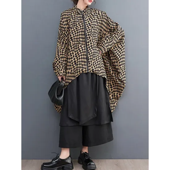 High-Low Loose Plaid Zipper Stand Collar Outerwear High-Low Loose Plaid Zipper Stand Collar Outerwear