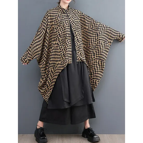 High-Low Loose Plaid Zipper Stand Collar Outerwear High-Low Loose Plaid Zipper Stand Collar Outerwear