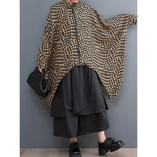 High-Low Loose Plaid Zipper Stand Collar Outerwear High-Low Loose Plaid Zipper Stand Collar Outerwear