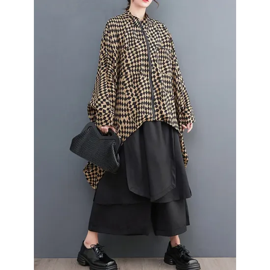 High-Low Loose Plaid Zipper Stand Collar Outerwear High-Low Loose Plaid Zipper Stand Collar Outerwear
