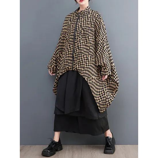 High-Low Loose Plaid Zipper Stand Collar Outerwear High-Low Loose Plaid Zipper Stand Collar Outerwear