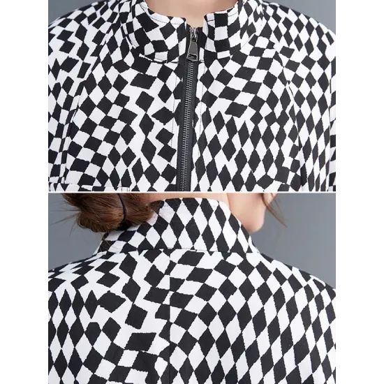 High-Low Loose Plaid Zipper Stand Collar Outerwear High-Low Loose Plaid Zipper Stand Collar Outerwear