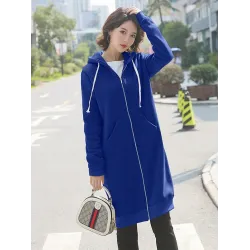 4Colors Drawstring Hooded Split-Joint Pocket Solid Color Zipper Outerwear