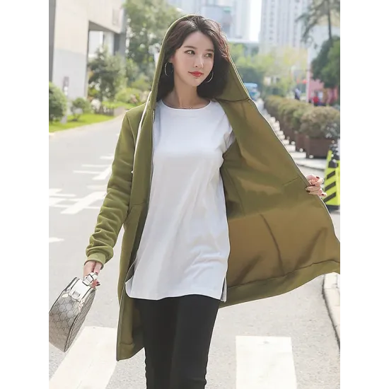 4Colors Drawstring Hooded Split-Joint Pocket Solid Color Zipper Outerwear 4Colors Drawstring Hooded Split-Joint Pocket Solid Color Zipper Outerwear