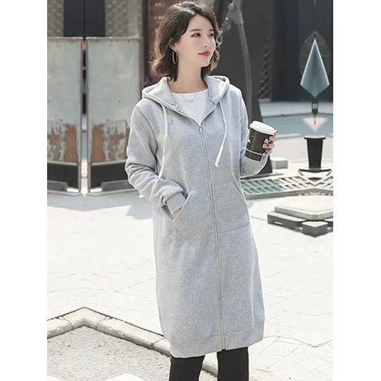 4Colors Drawstring Hooded Split-Joint Pocket Solid Color Zipper Outerwear 4Colors Drawstring Hooded Split-Joint Pocket Solid Color Zipper Outerwear