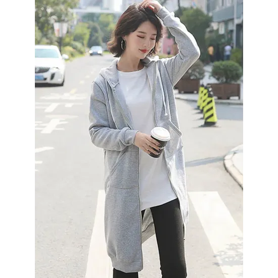 4Colors Drawstring Hooded Split-Joint Pocket Solid Color Zipper Outerwear 4Colors Drawstring Hooded Split-Joint Pocket Solid Color Zipper Outerwear