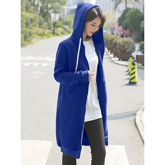 4Colors Drawstring Hooded Split-Joint Pocket Solid Color Zipper Outerwear 4Colors Drawstring Hooded Split-Joint Pocket Solid Color Zipper Outerwear