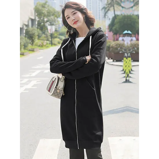 4Colors Drawstring Hooded Split-Joint Pocket Solid Color Zipper Outerwear 4Colors Drawstring Hooded Split-Joint Pocket Solid Color Zipper Outerwear