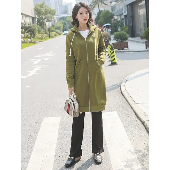 4Colors Drawstring Hooded Split-Joint Pocket Solid Color Zipper Outerwear 4Colors Drawstring Hooded Split-Joint Pocket Solid Color Zipper Outerwear