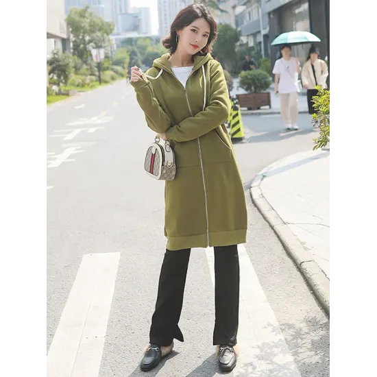 4Colors Drawstring Hooded Split-Joint Pocket Solid Color Zipper Outerwear 4Colors Drawstring Hooded Split-Joint Pocket Solid Color Zipper Outerwear