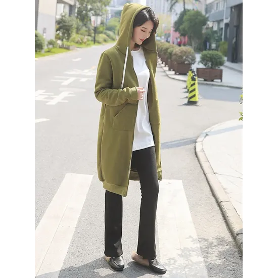 4Colors Drawstring Hooded Split-Joint Pocket Solid Color Zipper Outerwear 4Colors Drawstring Hooded Split-Joint Pocket Solid Color Zipper Outerwear