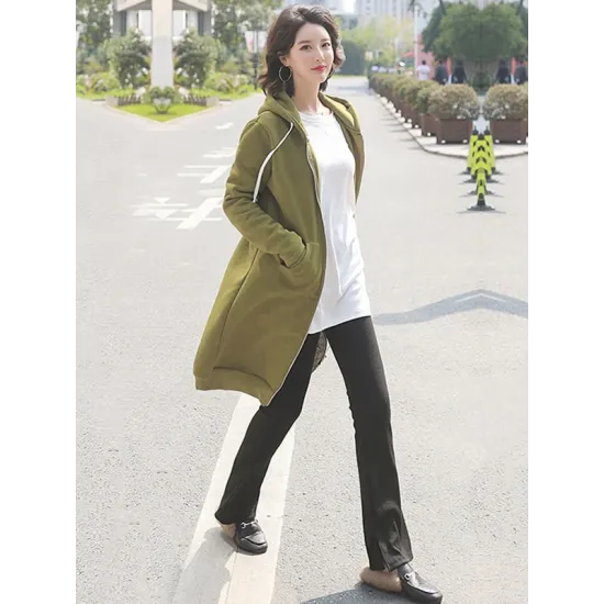 4Colors Drawstring Hooded Split-Joint Pocket Solid Color Zipper Outerwear 4Colors Drawstring Hooded Split-Joint Pocket Solid Color Zipper Outerwear