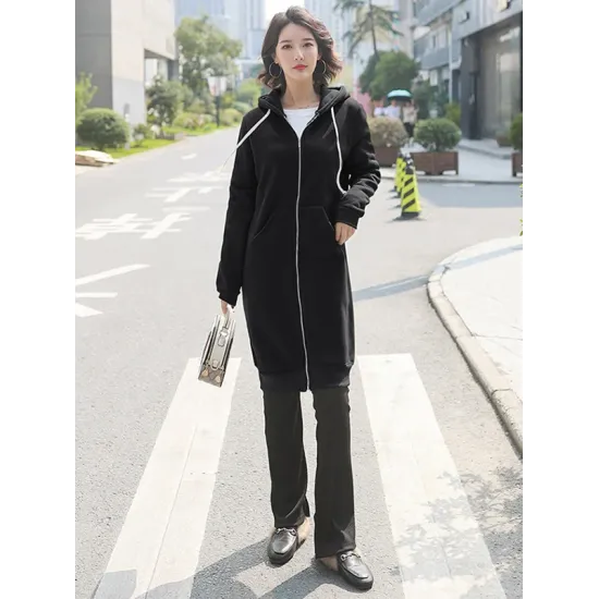 4Colors Drawstring Hooded Split-Joint Pocket Solid Color Zipper Outerwear 4Colors Drawstring Hooded Split-Joint Pocket Solid Color Zipper Outerwear