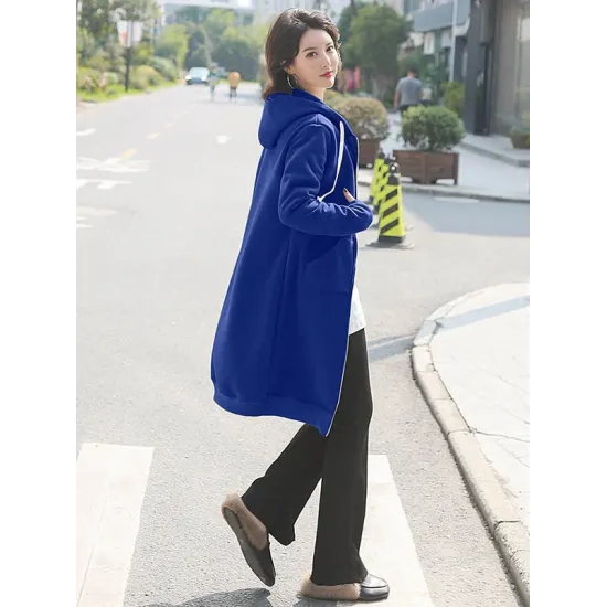 4Colors Drawstring Hooded Split-Joint Pocket Solid Color Zipper Outerwear 4Colors Drawstring Hooded Split-Joint Pocket Solid Color Zipper Outerwear