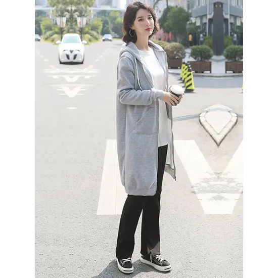 4Colors Drawstring Hooded Split-Joint Pocket Solid Color Zipper Outerwear 4Colors Drawstring Hooded Split-Joint Pocket Solid Color Zipper Outerwear
