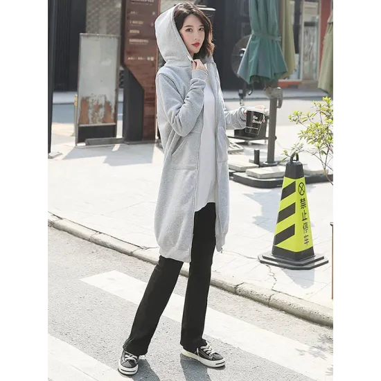 4Colors Drawstring Hooded Split-Joint Pocket Solid Color Zipper Outerwear 4Colors Drawstring Hooded Split-Joint Pocket Solid Color Zipper Outerwear