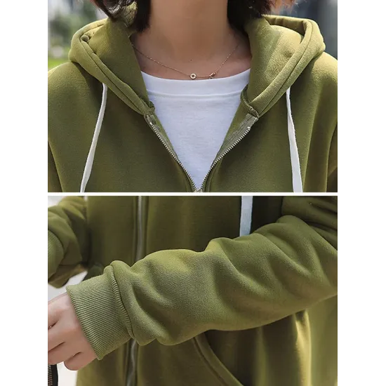 4Colors Drawstring Hooded Split-Joint Pocket Solid Color Zipper Outerwear 4Colors Drawstring Hooded Split-Joint Pocket Solid Color Zipper Outerwear