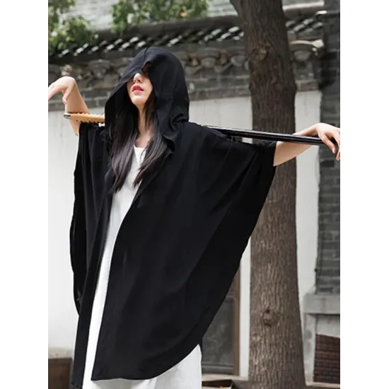 Simple Solid Loose Batwing Sleeve Hood Cape Simple Solid Loose Batwing Sleeve Hood Cape