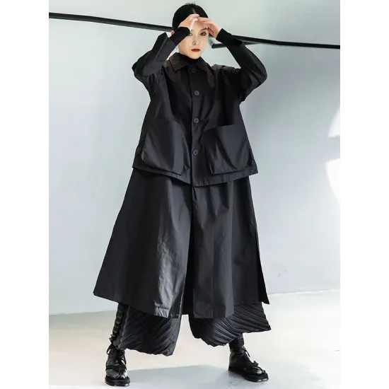 Loose Split-Joint Black False Two Trench Coat Loose Split-Joint Black False Two Trench Coat
