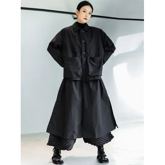 Loose Split-Joint Black False Two Trench Coat Loose Split-Joint Black False Two Trench Coat