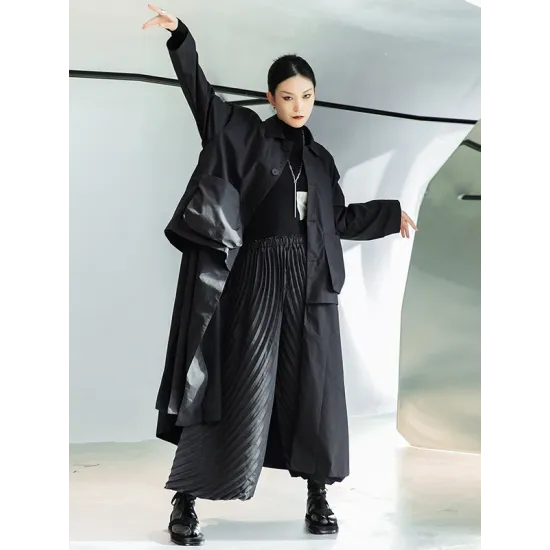 Loose Split-Joint Black False Two Trench Coat Loose Split-Joint Black False Two Trench Coat
