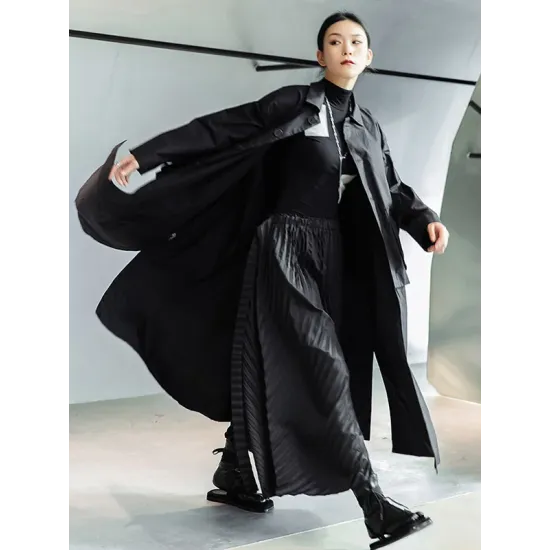 Loose Split-Joint Black False Two Trench Coat Loose Split-Joint Black False Two Trench Coat