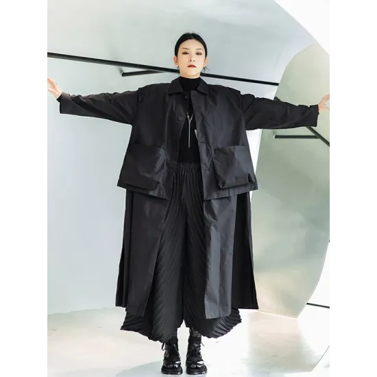 Loose Split-Joint Black False Two Trench Coat Loose Split-Joint Black False Two Trench Coat