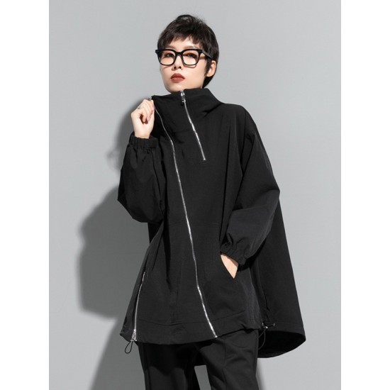 Fashion Irregularity Loose Solid Color Zipper Hooded Outerwear Fashion Irregularity Loose Solid Color Zipper Hooded Outerwear