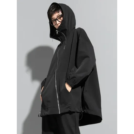 Fashion Irregularity Loose Solid Color Zipper Hooded Outerwear Fashion Irregularity Loose Solid Color Zipper Hooded Outerwear