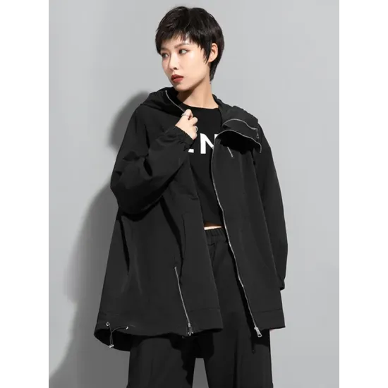 Fashion Irregularity Loose Solid Color Zipper Hooded Outerwear Fashion Irregularity Loose Solid Color Zipper Hooded Outerwear