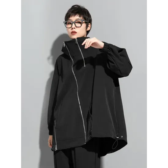 Fashion Irregularity Loose Solid Color Zipper Hooded Outerwear Fashion Irregularity Loose Solid Color Zipper Hooded Outerwear