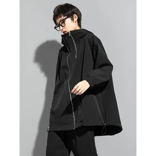 Fashion Irregularity Loose Solid Color Zipper Hooded Outerwear Fashion Irregularity Loose Solid Color Zipper Hooded Outerwear
