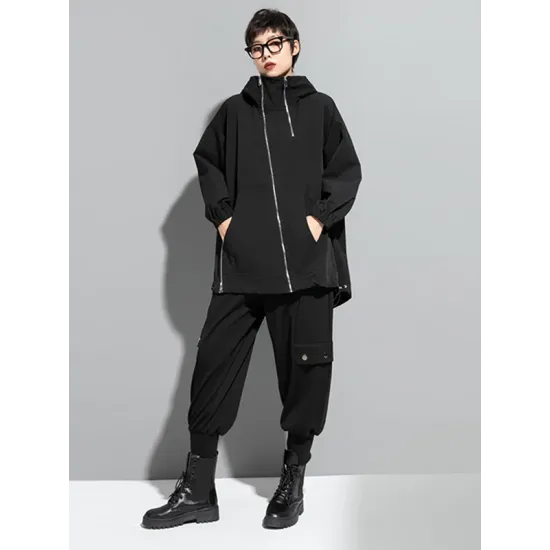 Fashion Irregularity Loose Solid Color Zipper Hooded Outerwear Fashion Irregularity Loose Solid Color Zipper Hooded Outerwear