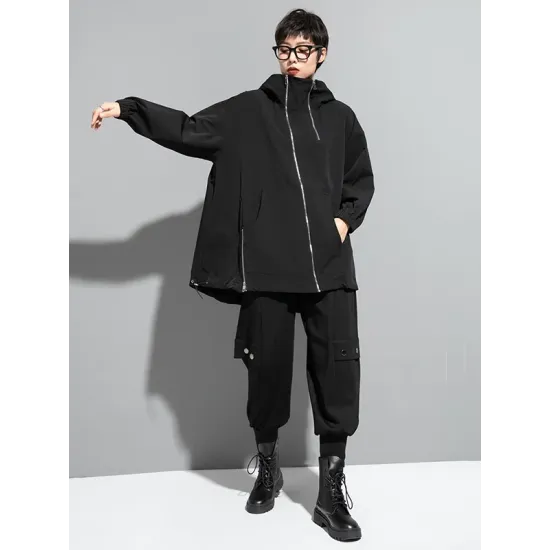 Fashion Irregularity Loose Solid Color Zipper Hooded Outerwear Fashion Irregularity Loose Solid Color Zipper Hooded Outerwear