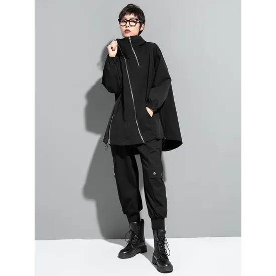 Fashion Irregularity Loose Solid Color Zipper Hooded Outerwear Fashion Irregularity Loose Solid Color Zipper Hooded Outerwear