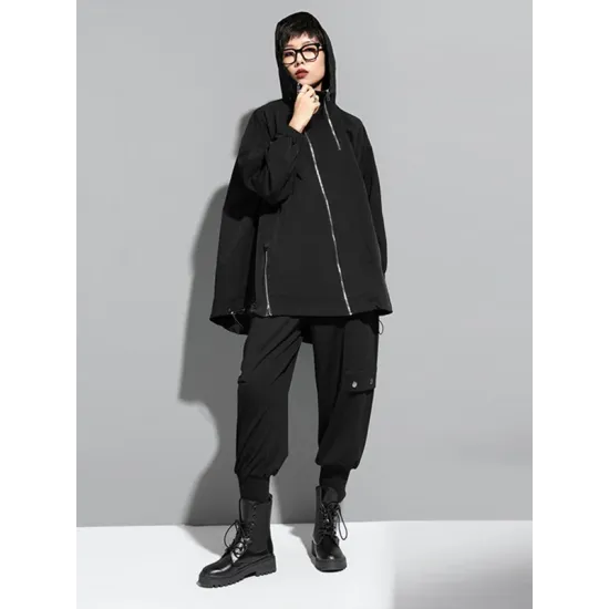 Fashion Irregularity Loose Solid Color Zipper Hooded Outerwear Fashion Irregularity Loose Solid Color Zipper Hooded Outerwear