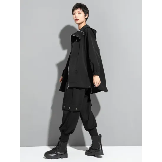 Fashion Irregularity Loose Solid Color Zipper Hooded Outerwear Fashion Irregularity Loose Solid Color Zipper Hooded Outerwear