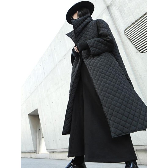Black Rhombic Split-Side High Collar Long Coat Black Rhombic Split-Side High Collar Long Coat