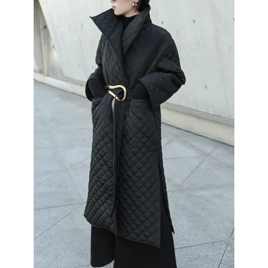 Black Rhombic Split-Side High Collar Long Coat Black Rhombic Split-Side High Collar Long Coat