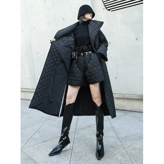 Black Rhombic Split-Side High Collar Long Coat Black Rhombic Split-Side High Collar Long Coat