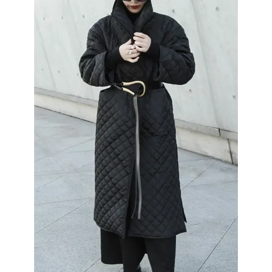 Black Rhombic Split-Side High Collar Long Coat Black Rhombic Split-Side High Collar Long Coat