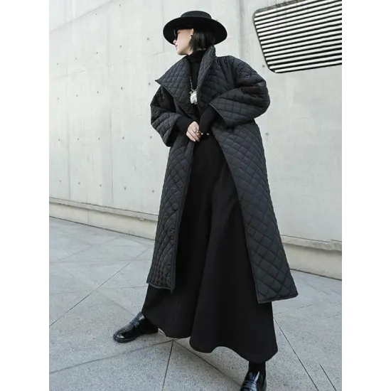 Black Rhombic Split-Side High Collar Long Coat Black Rhombic Split-Side High Collar Long Coat