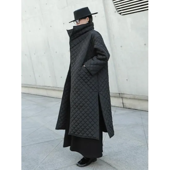 Black Rhombic Split-Side High Collar Long Coat Black Rhombic Split-Side High Collar Long Coat